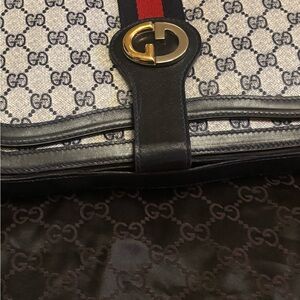 Gucci Beige GG Canvas Crossbody with Navy Trim and Red-Blue Web